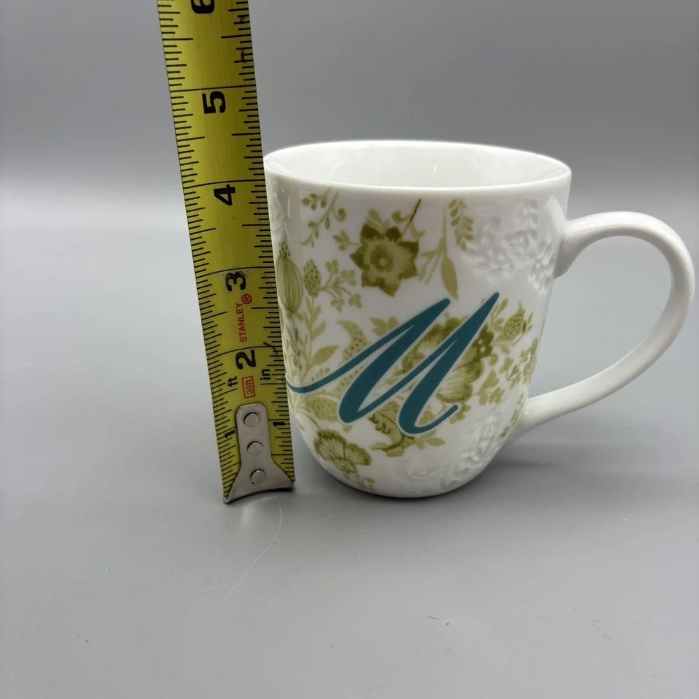 Pier 1 Imports Coffee Mug Ava Floral Initial M Cup Porcelain Blue Green Textured